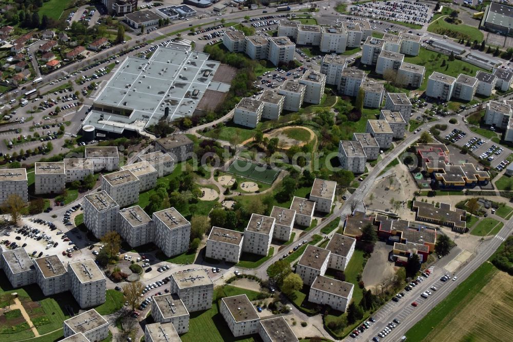 Aerial image Auxerre - Skyscrapers in the residential area of industrially manufactured settlement in Auxerre in Bourgogne Franche-Comte, France