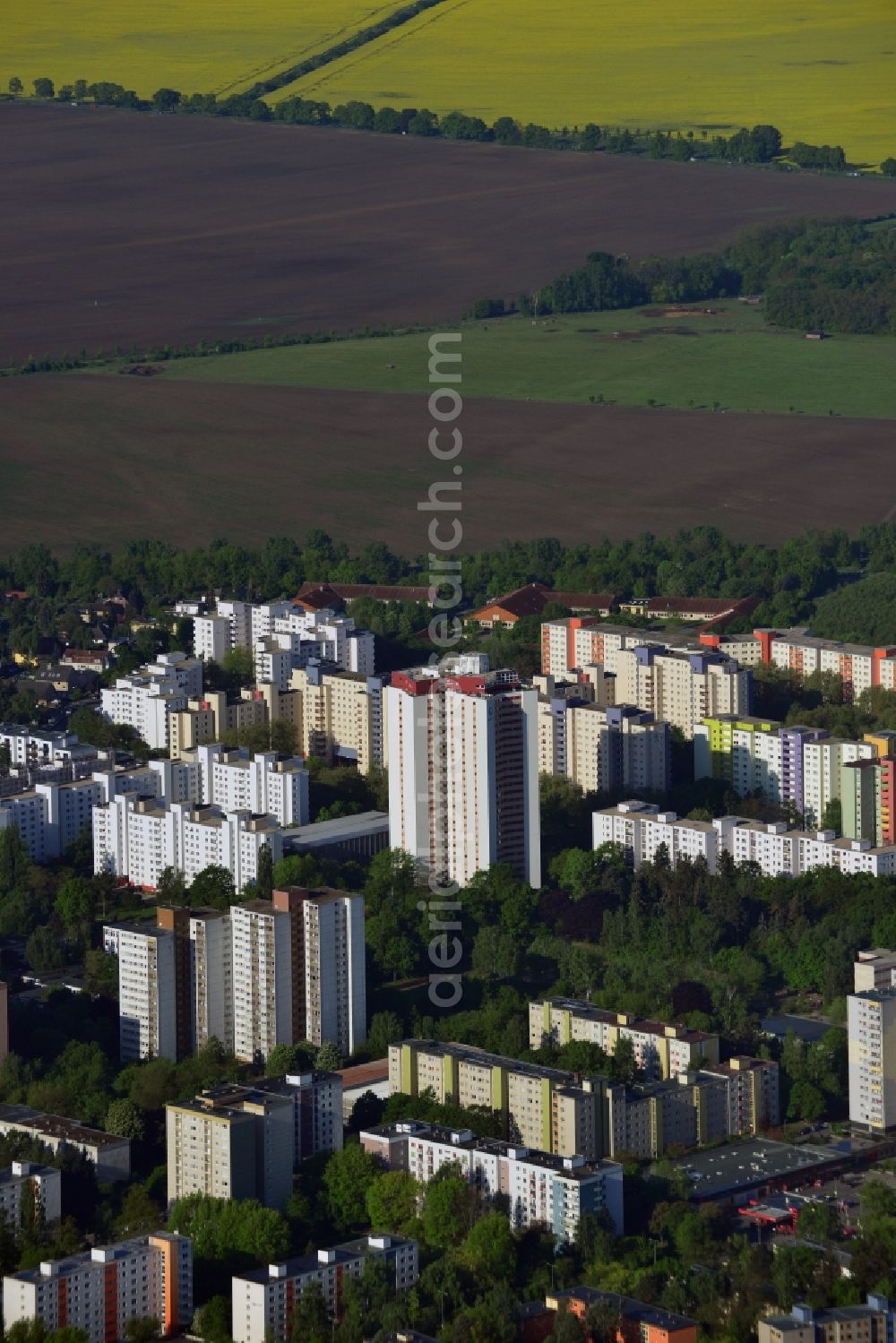 Aerial image Berlin - Skyscrapers in the residential area of industrially manufactured settlement in Berlin in Germany