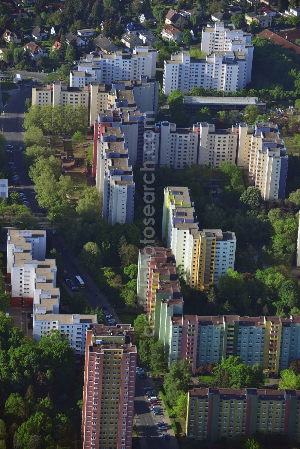 Berlin from the bird's eye view: Skyscrapers in the residential area of industrially manufactured settlement in Berlin in Germany