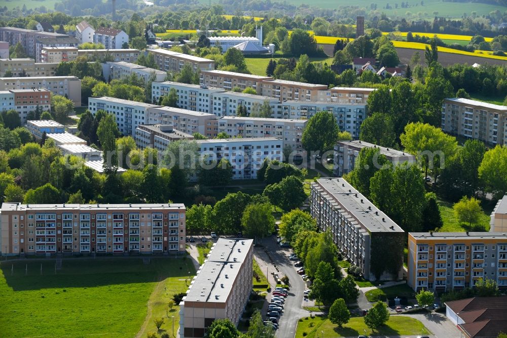 Döbeln from above - Skyscrapers in the residential area of industrially manufactured settlement on Bernhard-Kretzschmar-Weg in Doebeln in the state Saxony, Germany