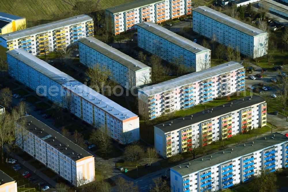 Teltow from the bird's eye view: Skyscrapers in the residential area of industrially manufactured settlement Bodestrasse in Teltow in the state Brandenburg, Germany