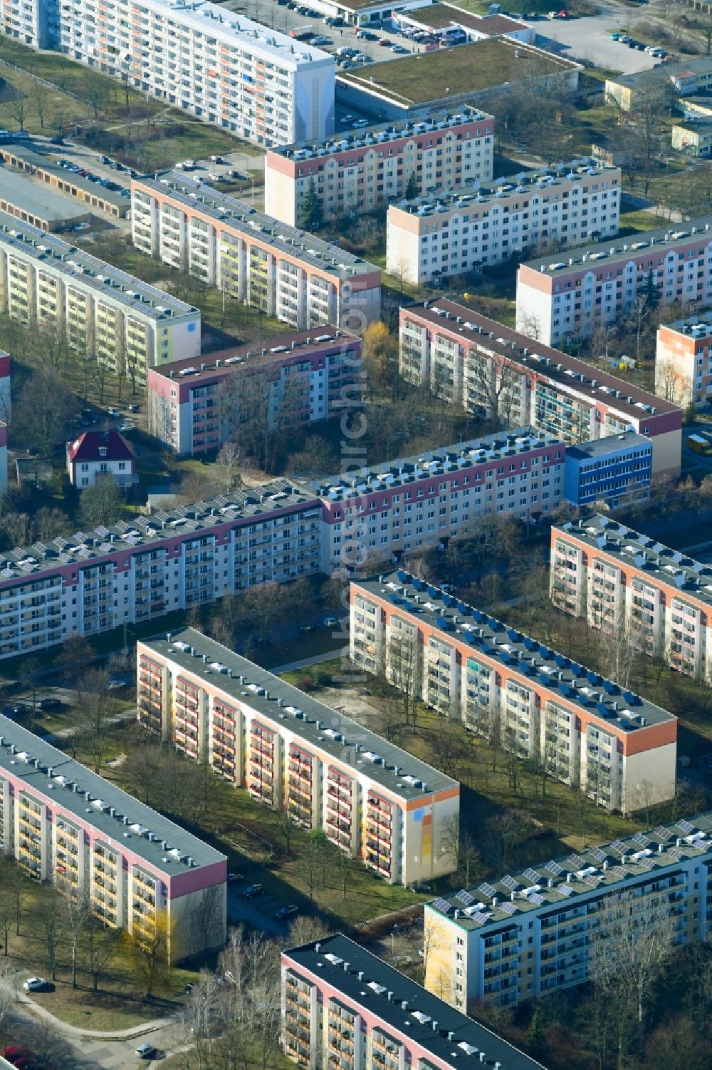 Aerial image Cottbus - Skyscrapers in the residential area of industrially manufactured settlement along the Muskauer Strasse in Cottbus in the state Brandenburg, Germany