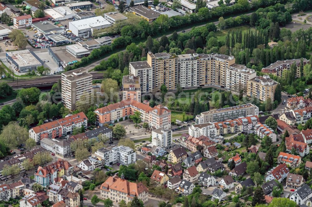 Freiburg im Breisgau from the bird's eye view: Skyscrapers in the residential area of industrially manufactured settlement on Denzlinger Strasse in Freiburg im Breisgau in the state Baden-Wuerttemberg, Germany