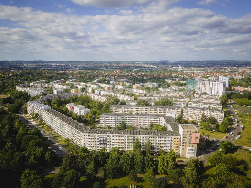 Aerial image Dresden - Residential area of industrially manufactured settlement on street Altgorbitzer Ring in the district Gorbitz in Dresden in the state Saxony, Germany