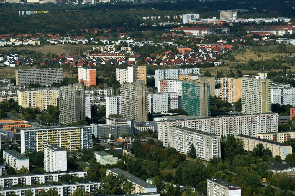 Aerial image Halle (Saale) - Skyscrapers in the residential area of industrially manufactured settlement entlang der Albert-Einstein-Strasse in Halle (Saale) in the state Saxony-Anhalt