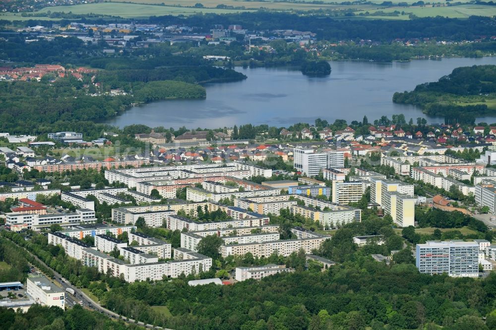 Aerial image Schwerin - Skyscrapers in the residential area of industrially manufactured settlement entlong of Andrej-Sacharow-Strasse - Friedrich-Engels-Strasse in Schwerin in the state Mecklenburg - Western Pomerania, Germany