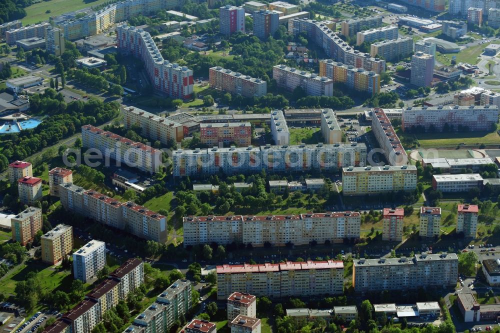 Aerial photograph Most - Brüx - Skyscrapers in the residential area of industrially manufactured settlement along the Ceska in Most - Bruex in Ustecky kraj - Aussiger Region, Czech Republic