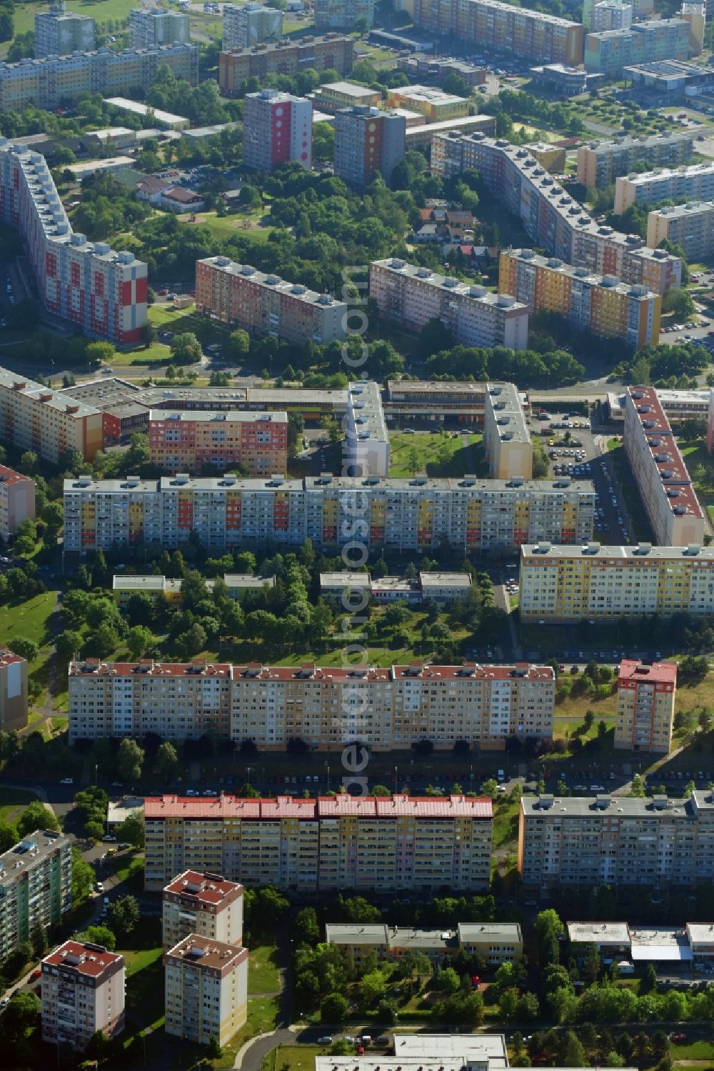 Most - Brüx from above - Skyscrapers in the residential area of industrially manufactured settlement along the Ceska in Most - Bruex in Ustecky kraj - Aussiger Region, Czech Republic