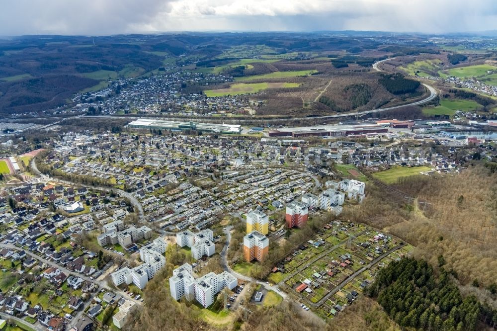 Aerial image Kreuztal - Skyscrapers in the residential area of industrially manufactured settlement and terraced housing estate along the Eggersten Ring in Kreuztal on Siegerland in the state North Rhine-Westphalia, Germany