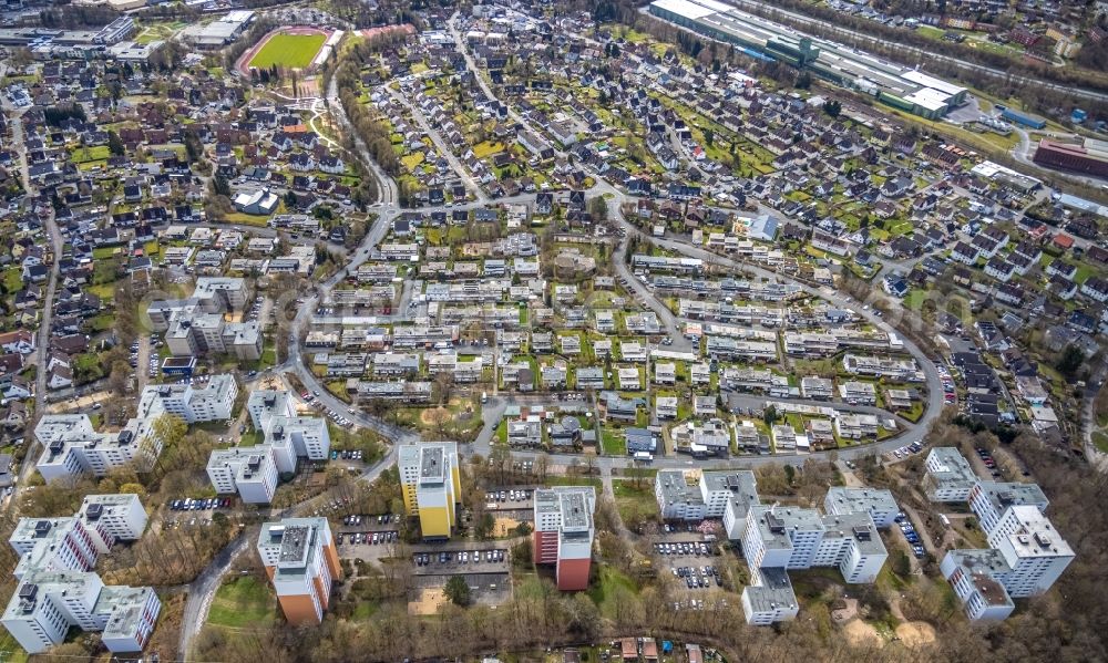 Kreuztal from above - Skyscrapers in the residential area of industrially manufactured settlement and terraced housing estate along the Eggersten Ring in Kreuztal on Siegerland in the state North Rhine-Westphalia, Germany