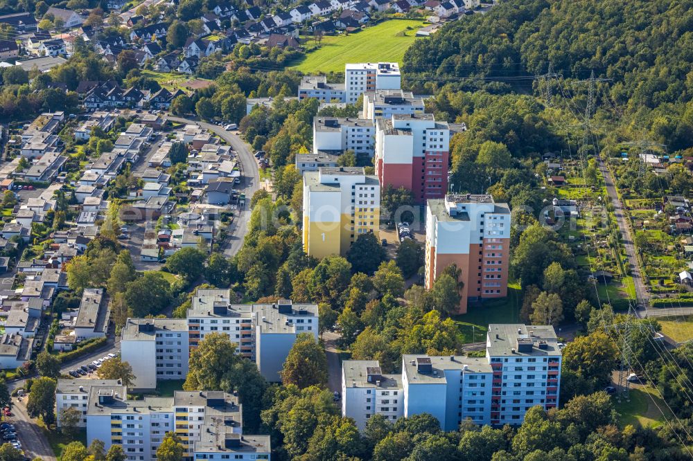 Kreuztal from above - Skyscrapers in the residential area of industrially manufactured settlement entlang of Eggersten Ring in Kreuztal in the state North Rhine-Westphalia, Germany