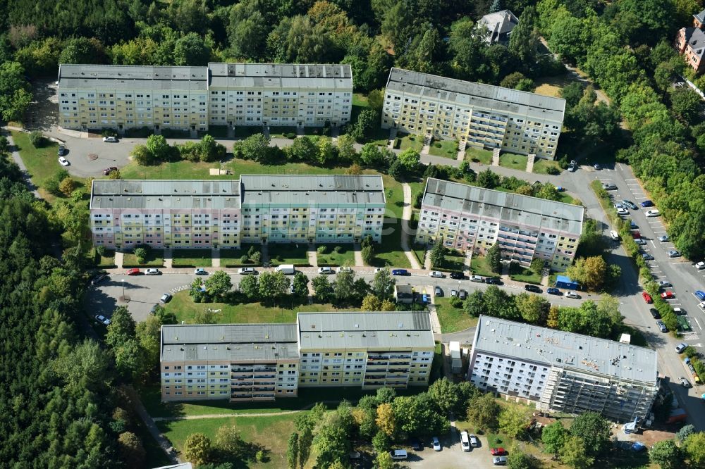 Werdau from above - Skyscrapers in the residential area of industrially manufactured settlement along the Hans-Eisler-Strasse and the Ernst-Busch-Strasse in Werdau in the state Saxony