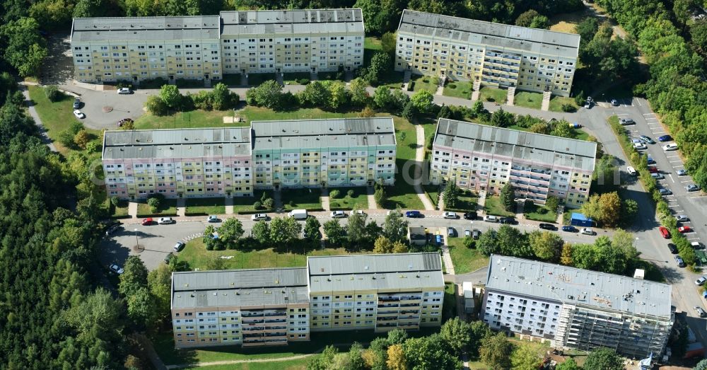 Werdau from the bird's eye view: Skyscrapers in the residential area of industrially manufactured settlement along the Hans-Eisler-Strasse and the Ernst-Busch-Strasse in Werdau in the state Saxony