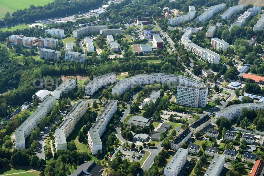 Aerial image Reichenbach im Vogtland - Skyscrapers in the residential area of industrially manufactured settlement along the Obermylauer Weg and the Julius-Mosem-Strasse in Reichenbach im Vogtland in the state Saxony