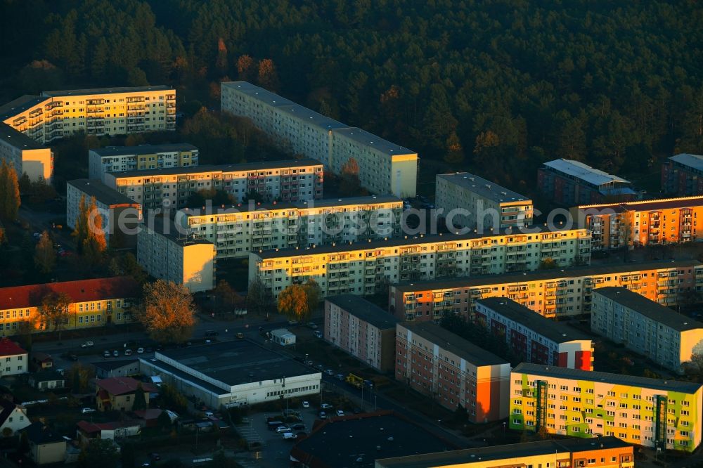 Aerial image Templin - Skyscrapers in the residential area of industrially manufactured settlement along the Ringstrasse in Templin in the state Brandenburg, Germany