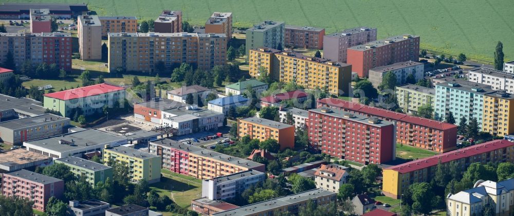 Aerial image Zatec - Saaz - Skyscrapers in the residential area of industrially manufactured settlement along the Stavbaru in Zatec - Saaz in Ustecky kraj - Aussiger Region, Czech Republic