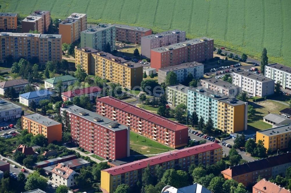 Zatec - Saaz from above - Skyscrapers in the residential area of industrially manufactured settlement along the Stavbaru in Zatec - Saaz in Ustecky kraj - Aussiger Region, Czech Republic