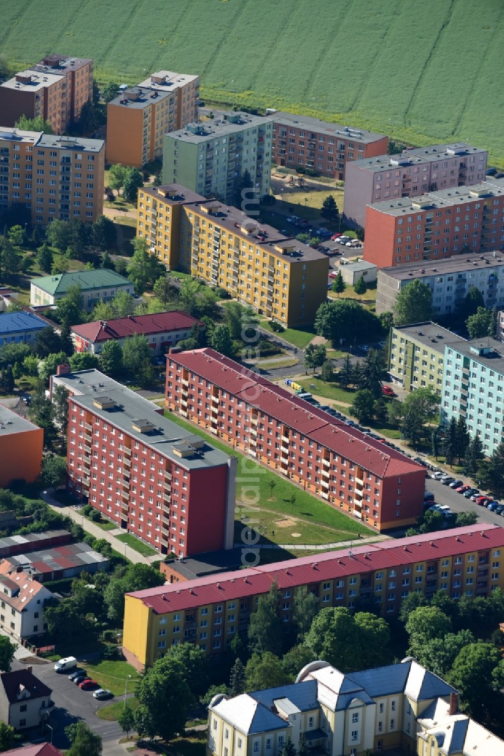 Zatec - Saaz from the bird's eye view: Skyscrapers in the residential area of industrially manufactured settlement along the Stavbaru in Zatec - Saaz in Ustecky kraj - Aussiger Region, Czech Republic