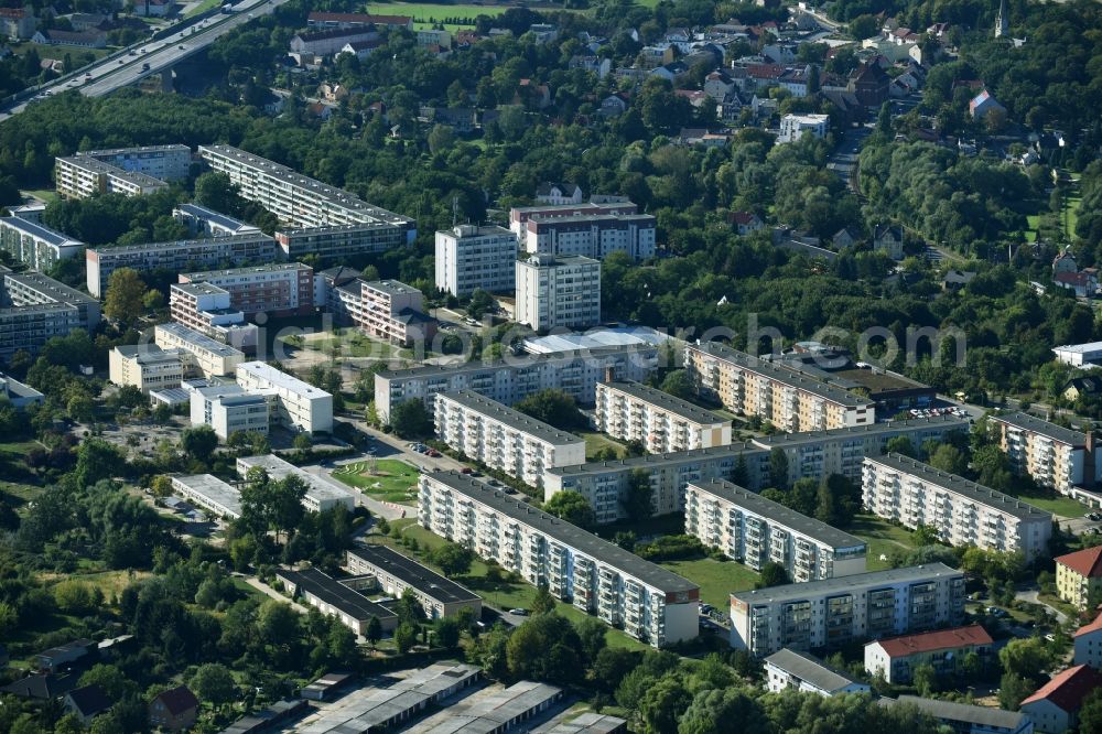 Aerial image Rüdersdorf - Skyscrapers in the residential area of industrially manufactured settlement along the street Friedrich-Engels-Ring in Ruedersdorf in the state Brandenburg