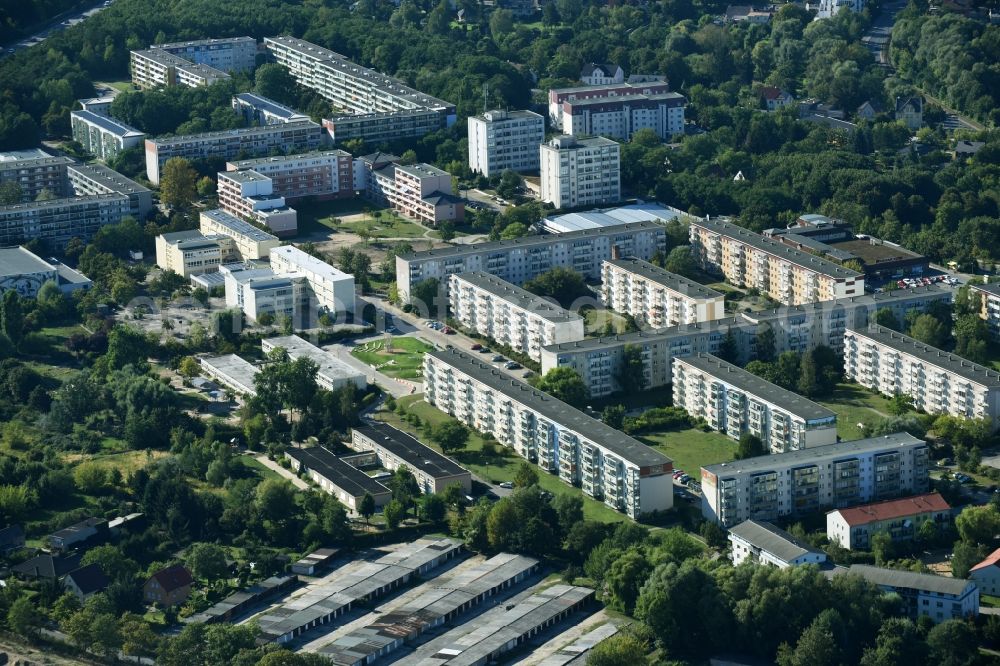 Aerial photograph Rüdersdorf - Skyscrapers in the residential area of industrially manufactured settlement along the street Friedrich-Engels-Ring in Ruedersdorf in the state Brandenburg