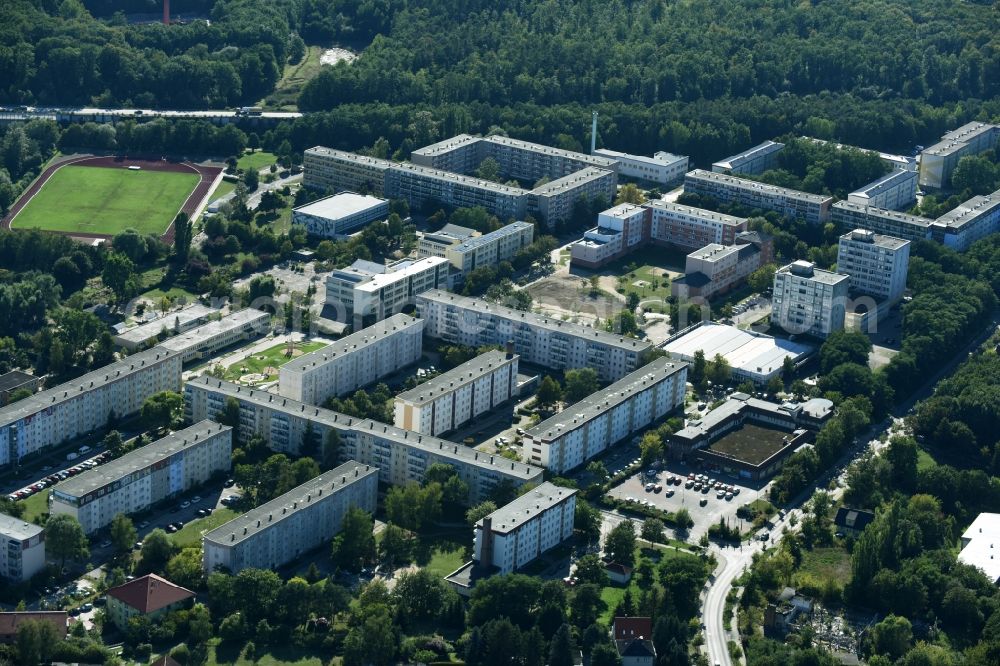 Aerial image Rüdersdorf - Skyscrapers in the residential area of industrially manufactured settlement along the street Friedrich-Engels-Ring in Ruedersdorf in the state Brandenburg