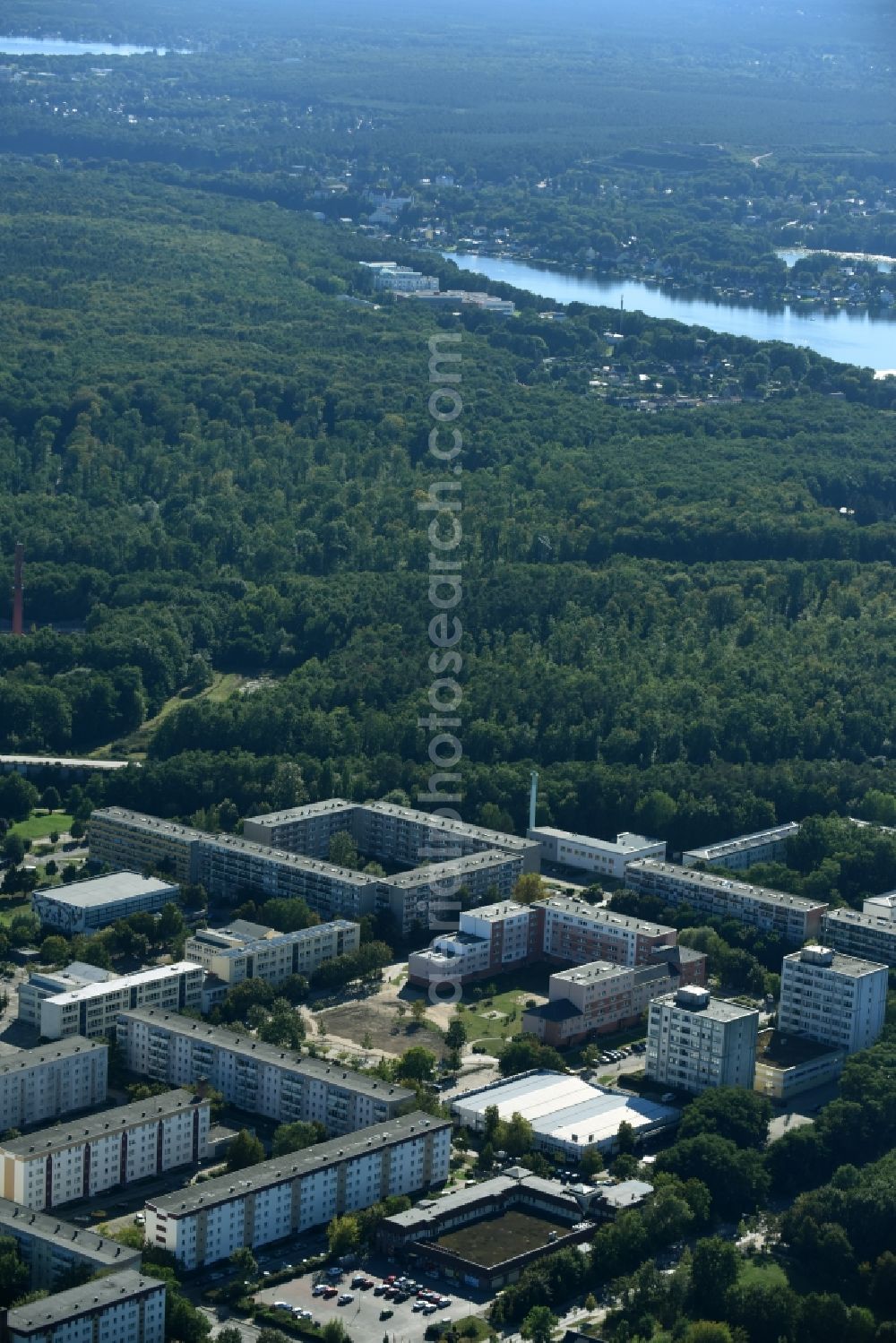 Rüdersdorf from above - Skyscrapers in the residential area of industrially manufactured settlement along the street Friedrich-Engels-Ring in Ruedersdorf in the state Brandenburg