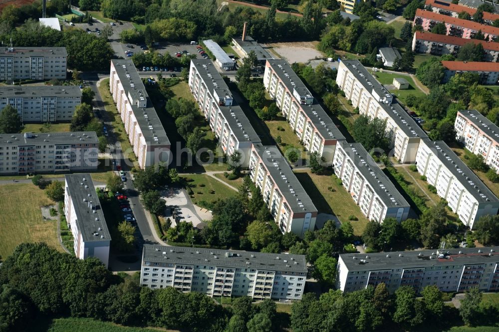 Meerane from above - Skyscrapers in the residential area of industrially manufactured settlement along the street Westring in Meerane in the state Saxony