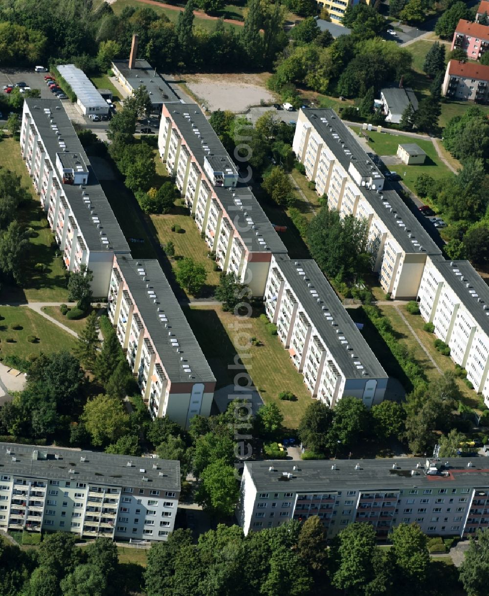 Meerane from the bird's eye view: Skyscrapers in the residential area of industrially manufactured settlement along the street Westring in Meerane in the state Saxony