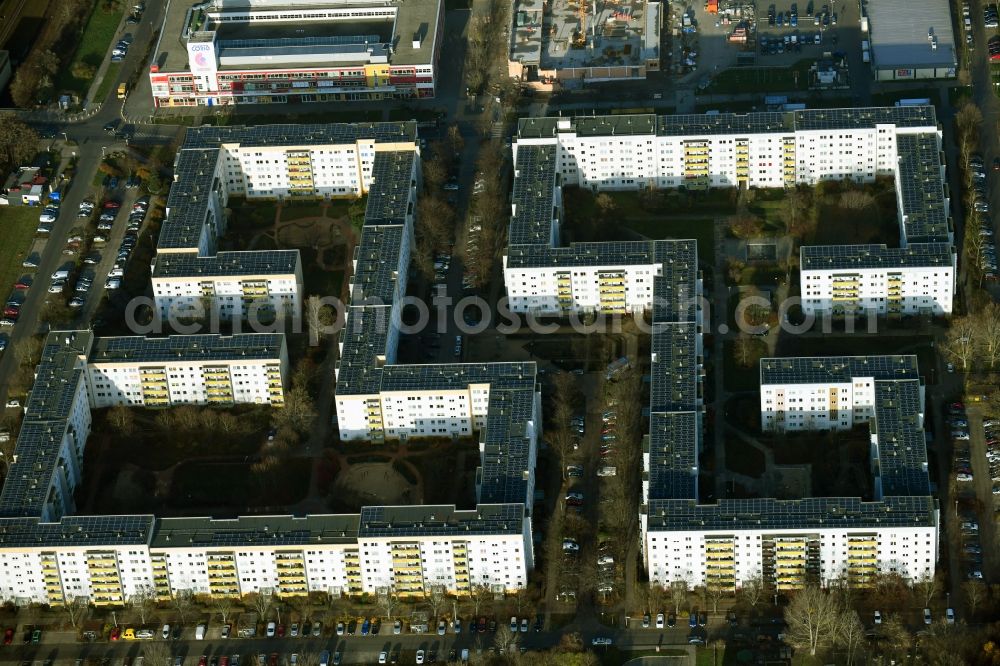 Berlin from above - Skyscrapers in the residential area of industrially manufactured settlement Erich-Kaestner-Strasse - Neue Grottkauer Strasse - Maxi-Wander-Strasse in the district Hellersdorf in Berlin, Germany