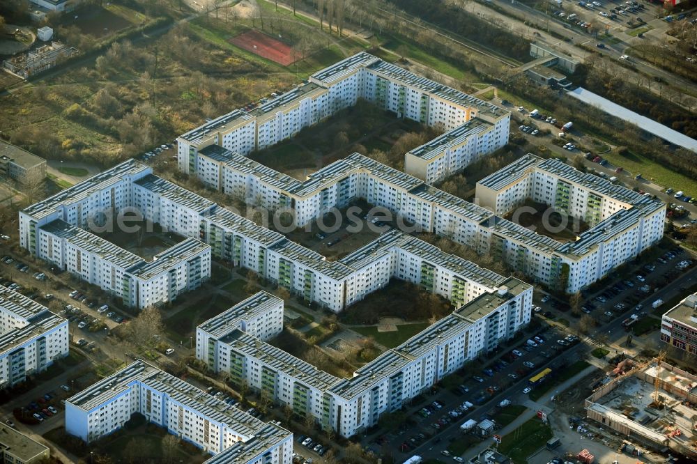 Berlin from above - Skyscrapers in the residential area of industrially manufactured settlement Erich-Kaestner-Strasse - Neue Grottkauer Strasse - Maxi-Wander-Strasse in the district Hellersdorf in Berlin, Germany