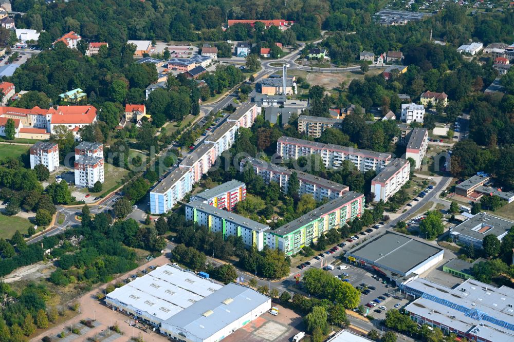 Finsterwalde from the bird's eye view: Residential area of industrially manufactured settlement on street Holsteiner Strasse in Finsterwalde in the state Brandenburg, Germany