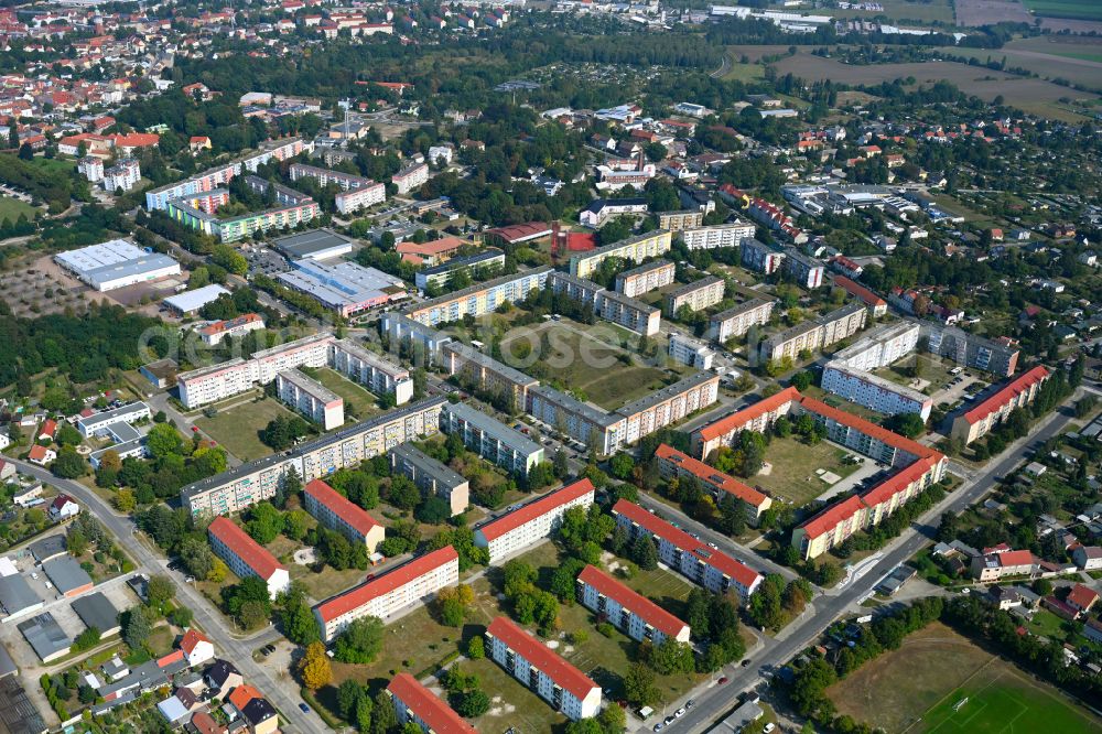 Aerial image Finsterwalde - Residential area of industrially manufactured settlement on street Brandenburger Strasse in Finsterwalde in the state Brandenburg, Germany