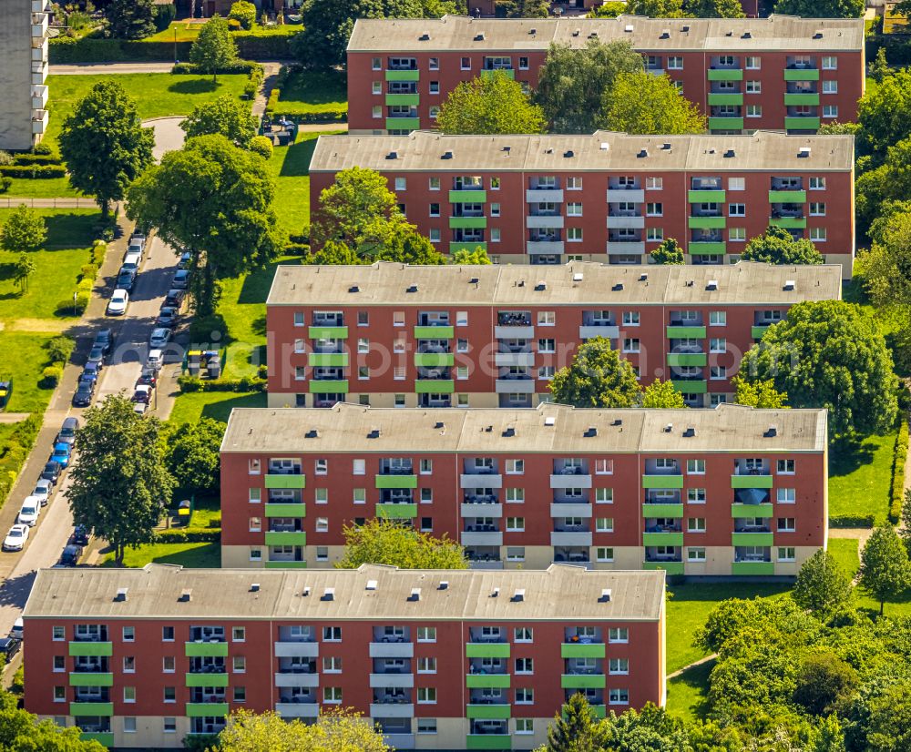 Aerial image Gelsenkirchen - Residential area of industrially manufactured settlement on street Hagemannshof in Gelsenkirchen at Ruhrgebiet in the state North Rhine-Westphalia, Germany