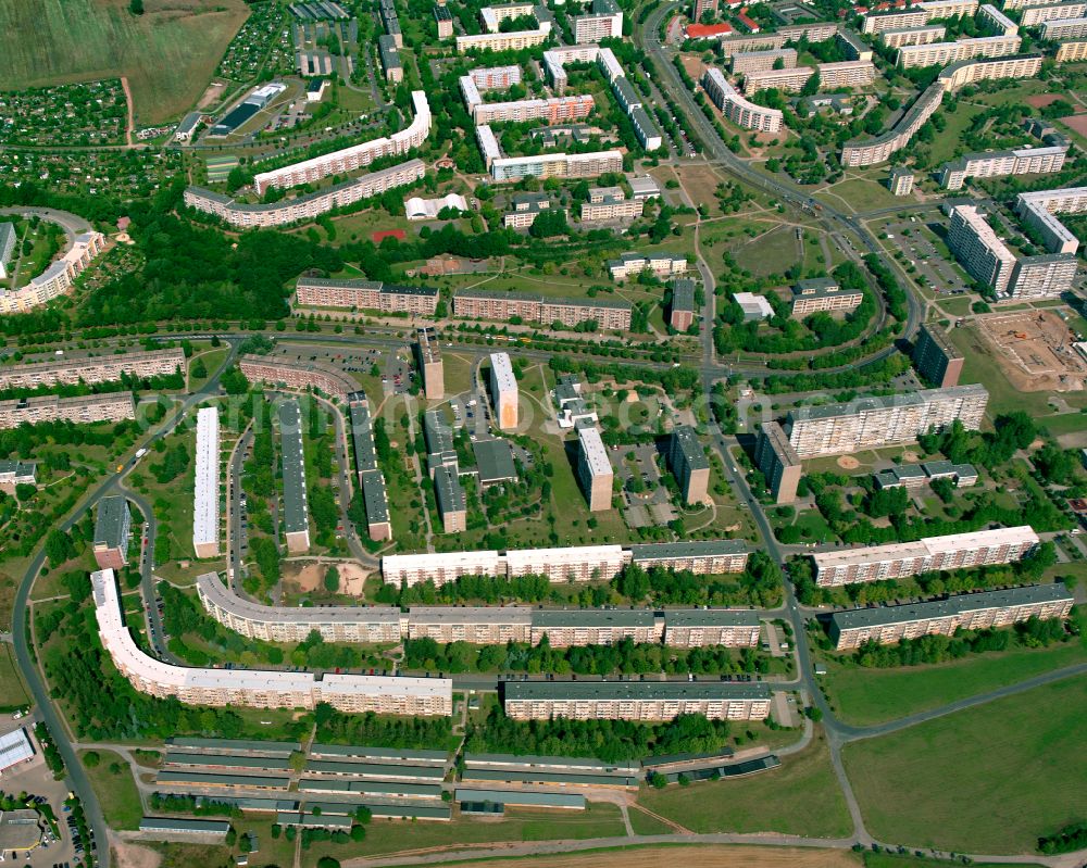 Gera from above - Skyscrapers in the residential area of industrially manufactured settlement in Gera in the state Thuringia, Germany