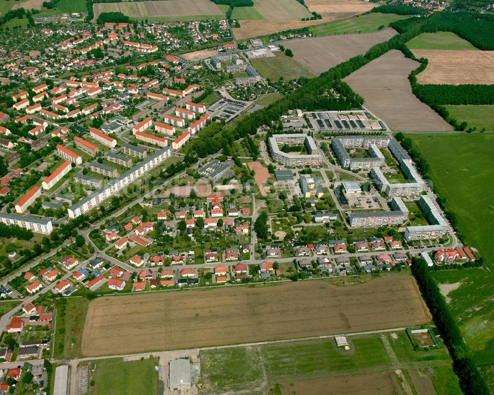 Gröditz from the bird's eye view: Skyscrapers in the residential area of industrially manufactured settlement in Gröditz in the state Saxony, Germany