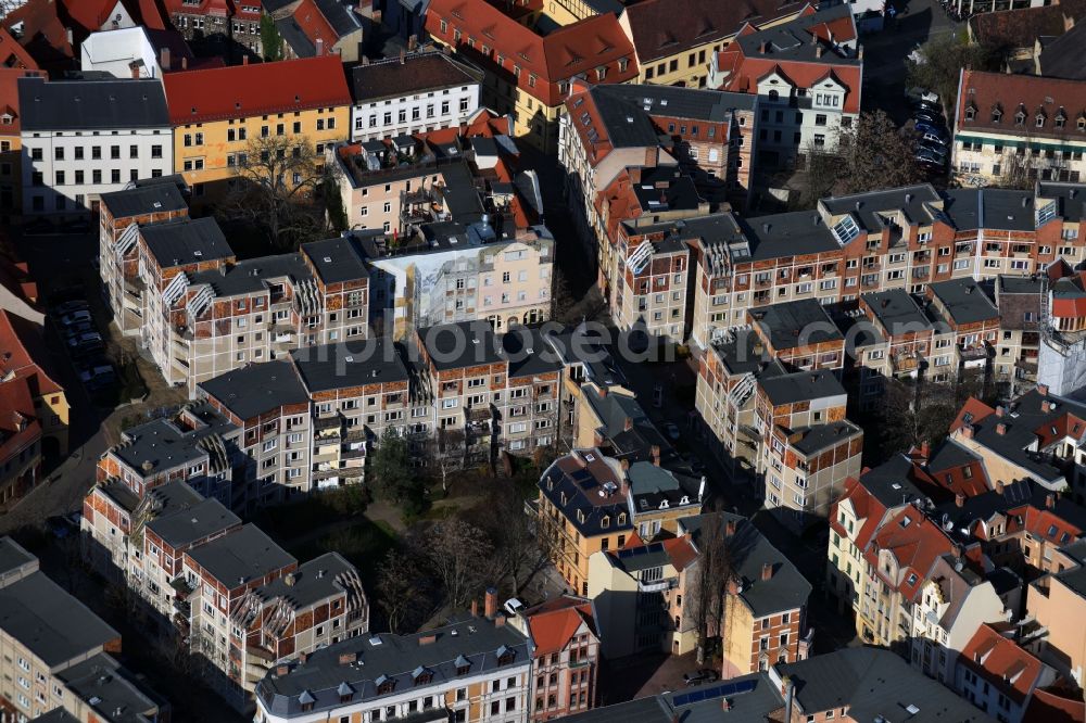 Halle (Saale) from the bird's eye view: Skyscrapers in the residential area of industrially manufactured settlement Grosse Klausstrasse corner Oleariusstrasse in Halle (Saale) in the state Saxony-Anhalt