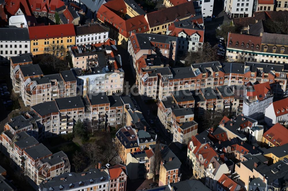 Halle (Saale) from above - Skyscrapers in the residential area of industrially manufactured settlement Grosse Klausstrasse corner Oleariusstrasse in Halle (Saale) in the state Saxony-Anhalt