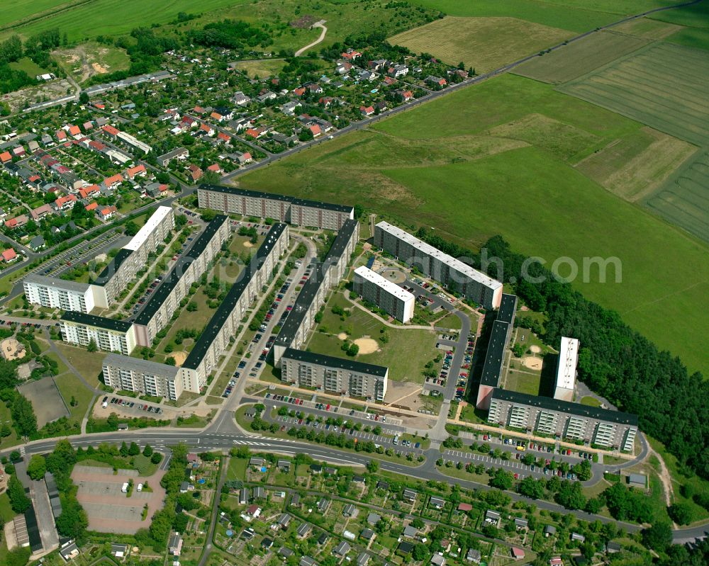 Großenhain from above - Skyscrapers in the residential area of industrially manufactured settlement in Großenhain in the state Saxony, Germany