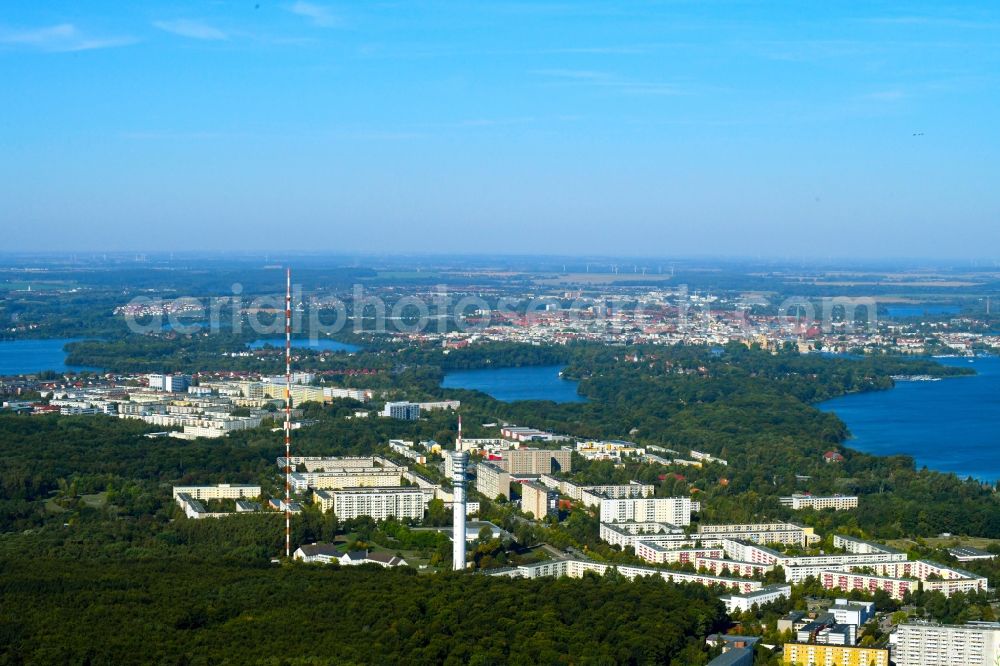 Schwerin from above - Skyscrapers in the residential area of industrially manufactured settlement Grosser Dreesch in Schwerin in the state Mecklenburg - Western Pomerania, Germany