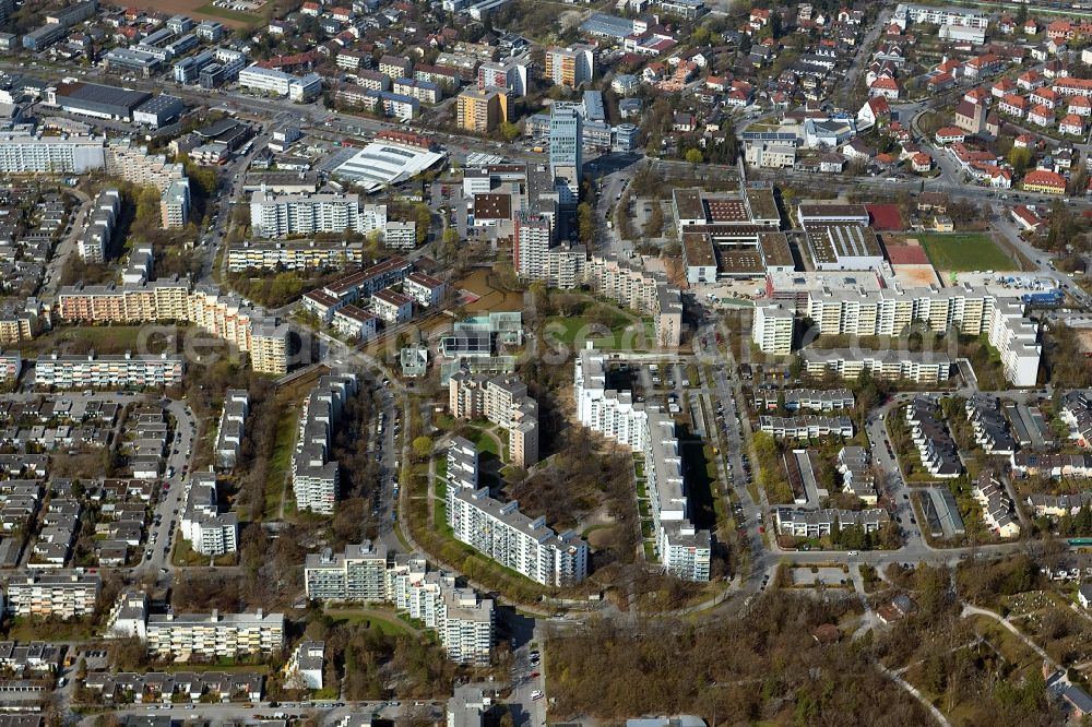 Haar from the bird's eye view: Skyscrapers in the residential area of industrially manufactured settlement in Haar in the state Bavaria, Germany