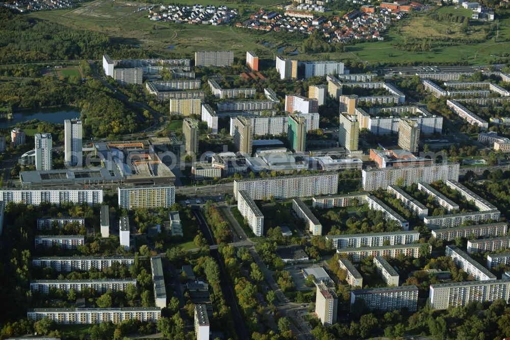 Halle (Saale) from above - Skyscrapers in the residential area of industrially manufactured settlement in Halle (Saale) in the state Saxony-Anhalt