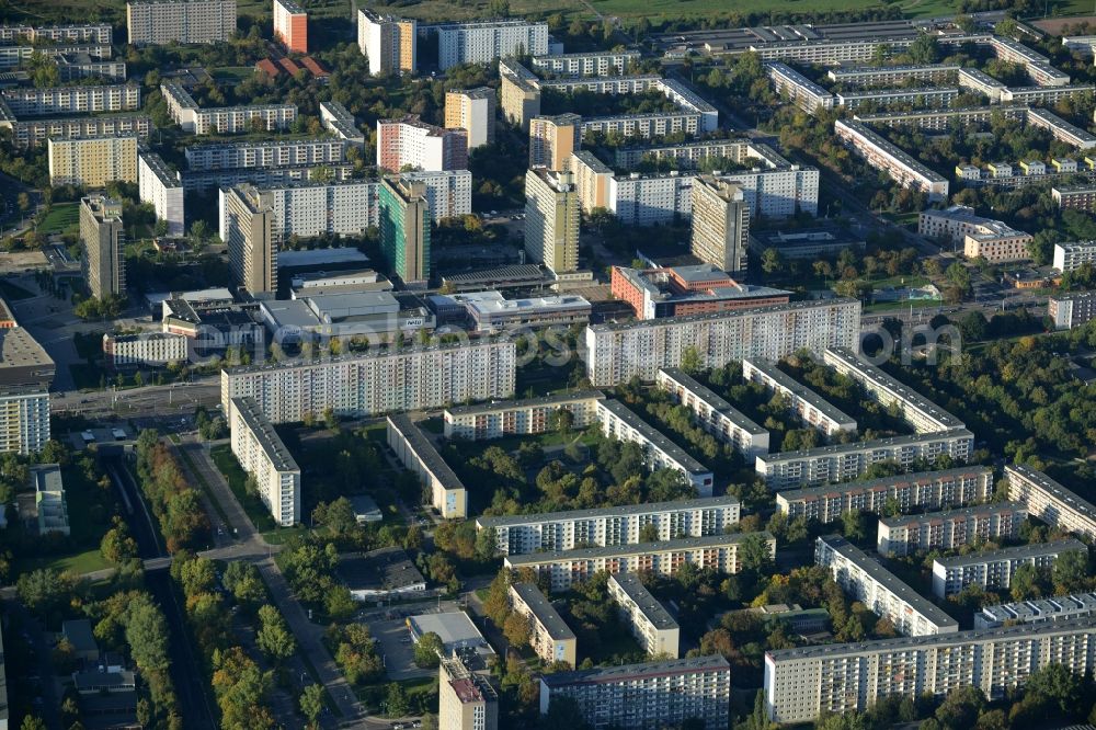 Halle (Saale) from the bird's eye view: Skyscrapers in the residential area of industrially manufactured settlement in Halle (Saale) in the state Saxony-Anhalt