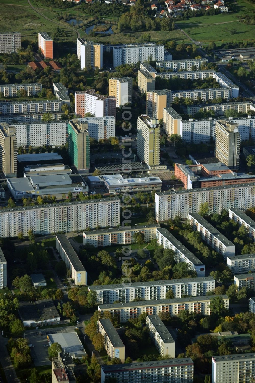 Aerial image Halle (Saale) - Skyscrapers in the residential area of industrially manufactured settlement in Halle (Saale) in the state Saxony-Anhalt