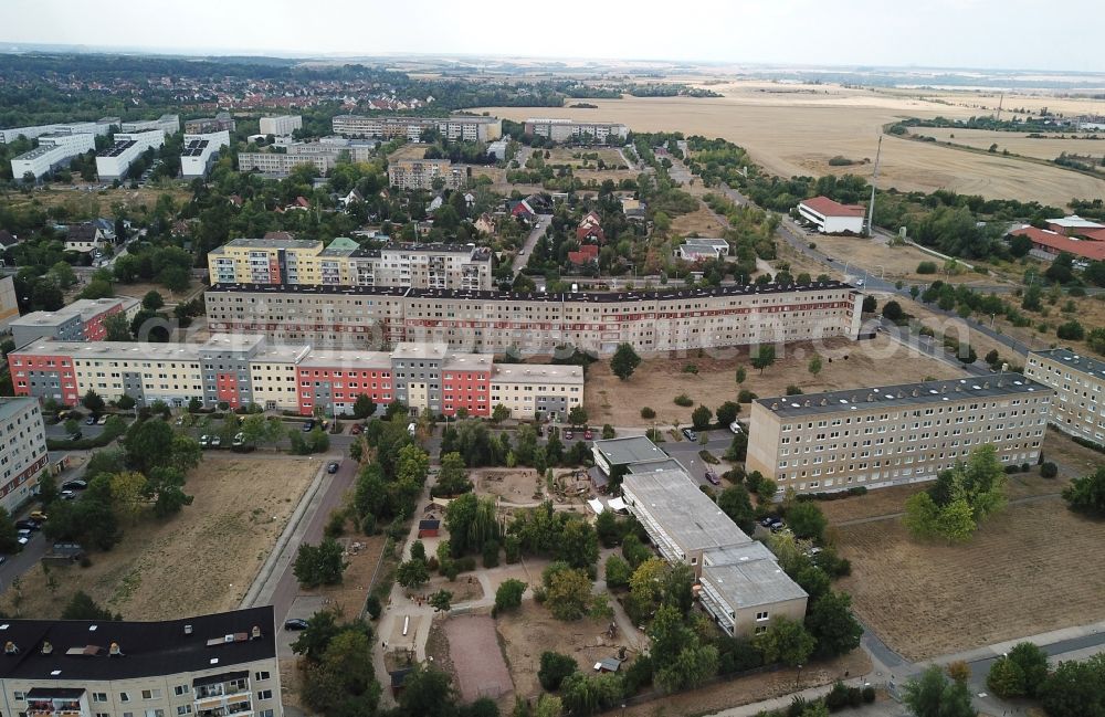 Halle (Saale) from above - Skyscrapers in the residential area of industrially manufactured settlement Heide Nord in Halle (Saale) in the state Saxony-Anhalt, Germany