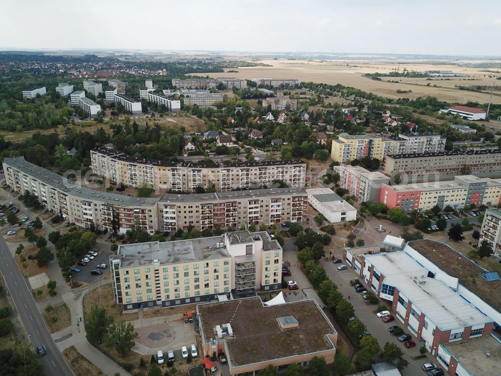 Aerial image Halle (Saale) - Skyscrapers in the residential area of industrially manufactured settlement Heide Nord in Halle (Saale) in the state Saxony-Anhalt, Germany