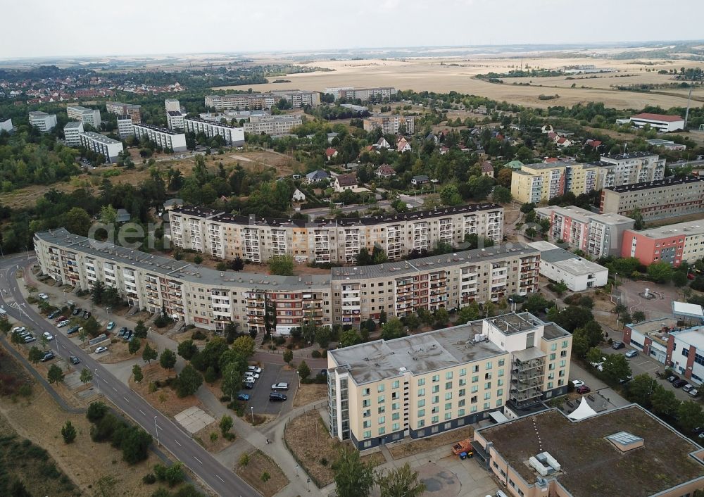 Aerial photograph Halle (Saale) - Skyscrapers in the residential area of industrially manufactured settlement Heide Nord in Halle (Saale) in the state Saxony-Anhalt, Germany