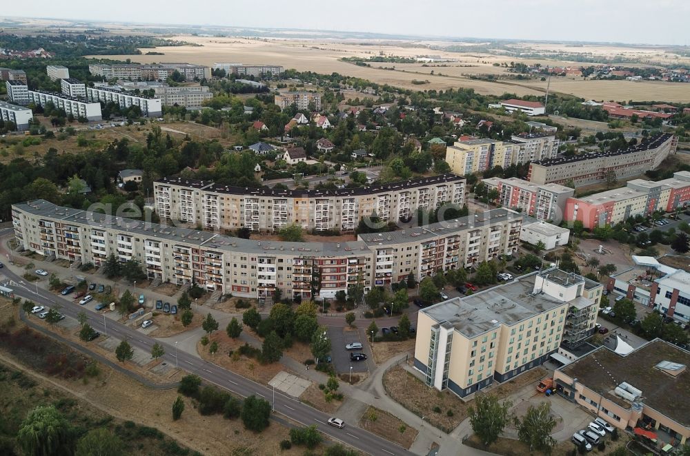 Aerial image Halle (Saale) - Skyscrapers in the residential area of industrially manufactured settlement Heide Nord in Halle (Saale) in the state Saxony-Anhalt, Germany