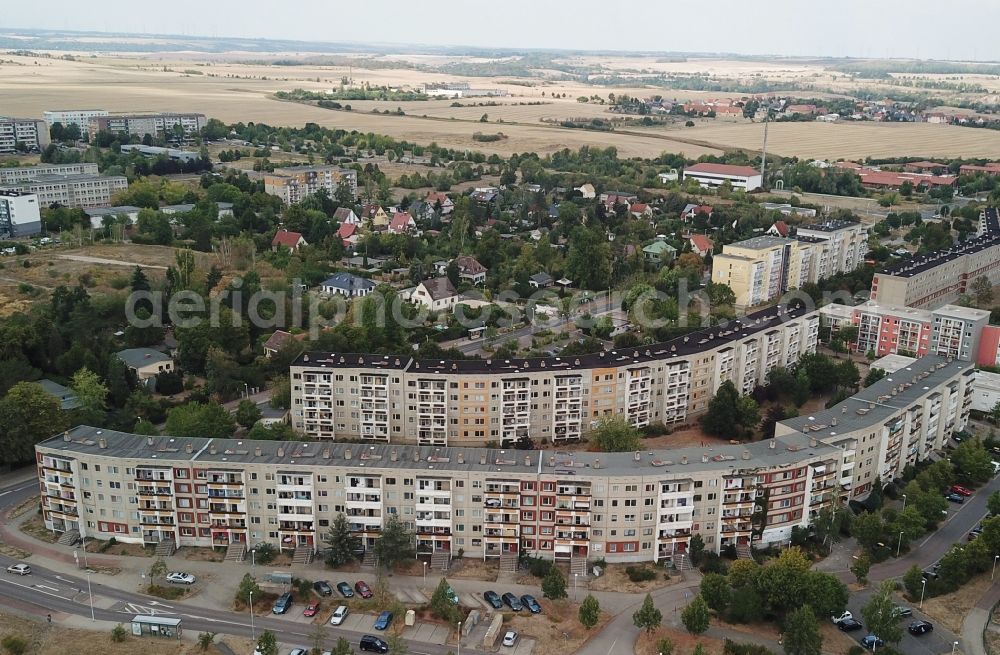 Halle (Saale) from above - Skyscrapers in the residential area of industrially manufactured settlement Heide Nord in Halle (Saale) in the state Saxony-Anhalt, Germany