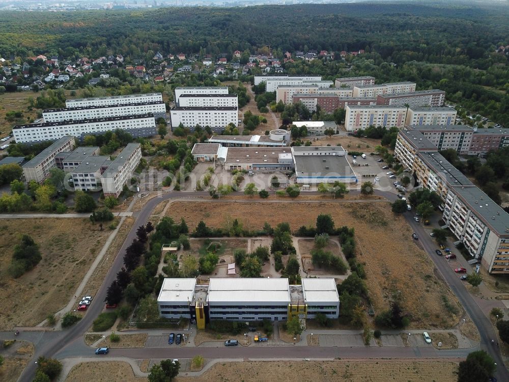 Aerial image Halle (Saale) - Skyscrapers in the residential area of industrially manufactured settlement Heide Nord in Halle (Saale) in the state Saxony-Anhalt, Germany