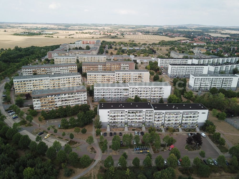 Aerial photograph Halle (Saale) - Skyscrapers in the residential area of industrially manufactured settlement Heide Nord in Halle (Saale) in the state Saxony-Anhalt, Germany